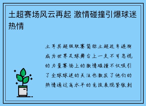 土超赛场风云再起 激情碰撞引爆球迷热情